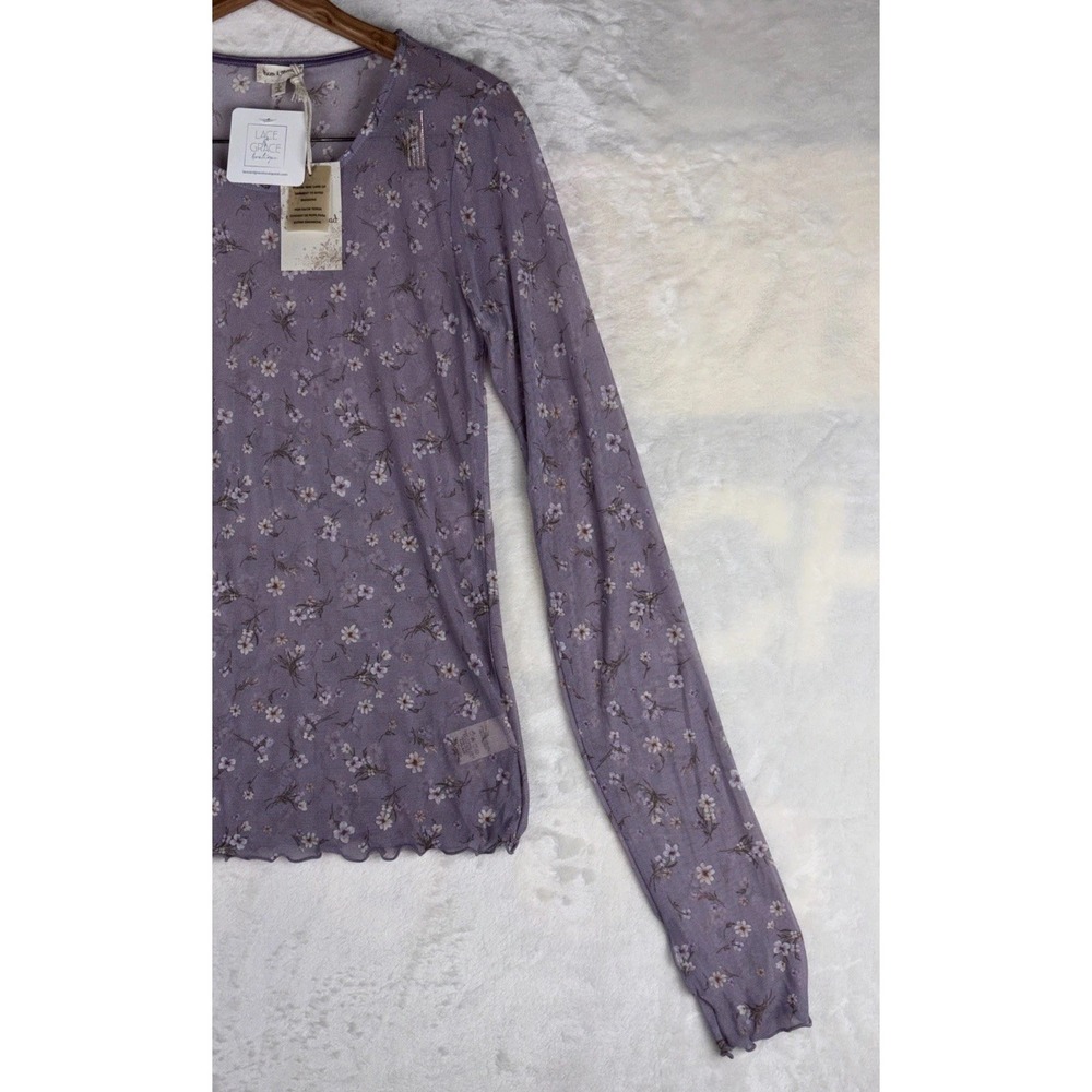 Anthropology Hem & Thread Sz L Ditsy Print Mesh Cabbage Long Sleeve Top Lavender - Picture 3 of 15